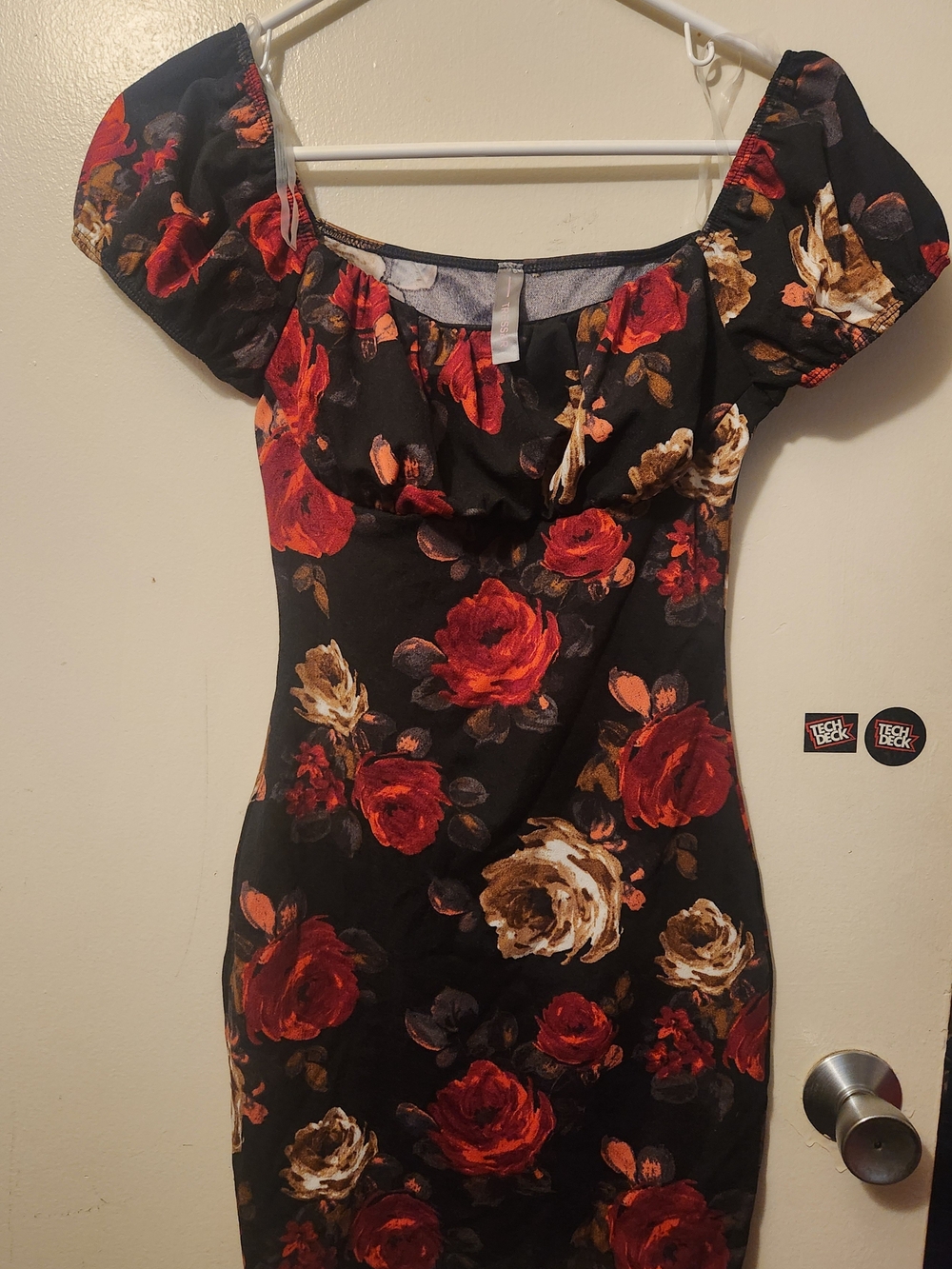 Off-Shoulder Black Midi Dress with Red & Cream Floral Print